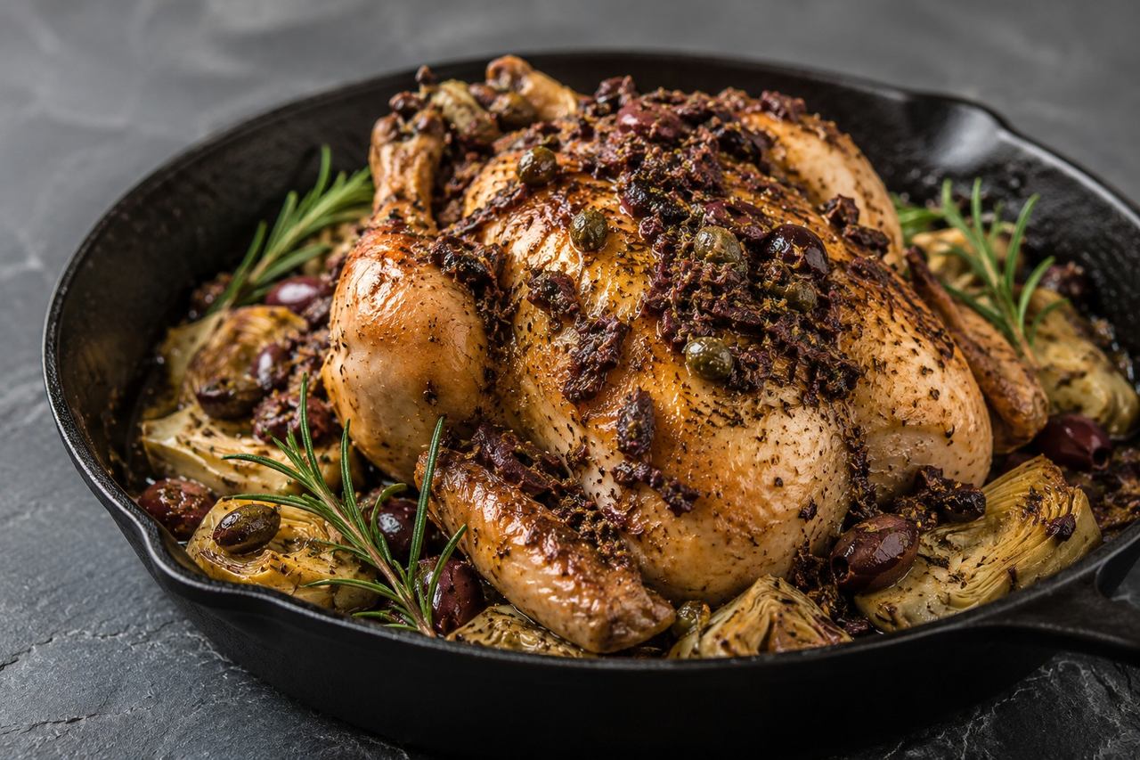 Provencal roast chicken and artichokes under a black olive tapenade
