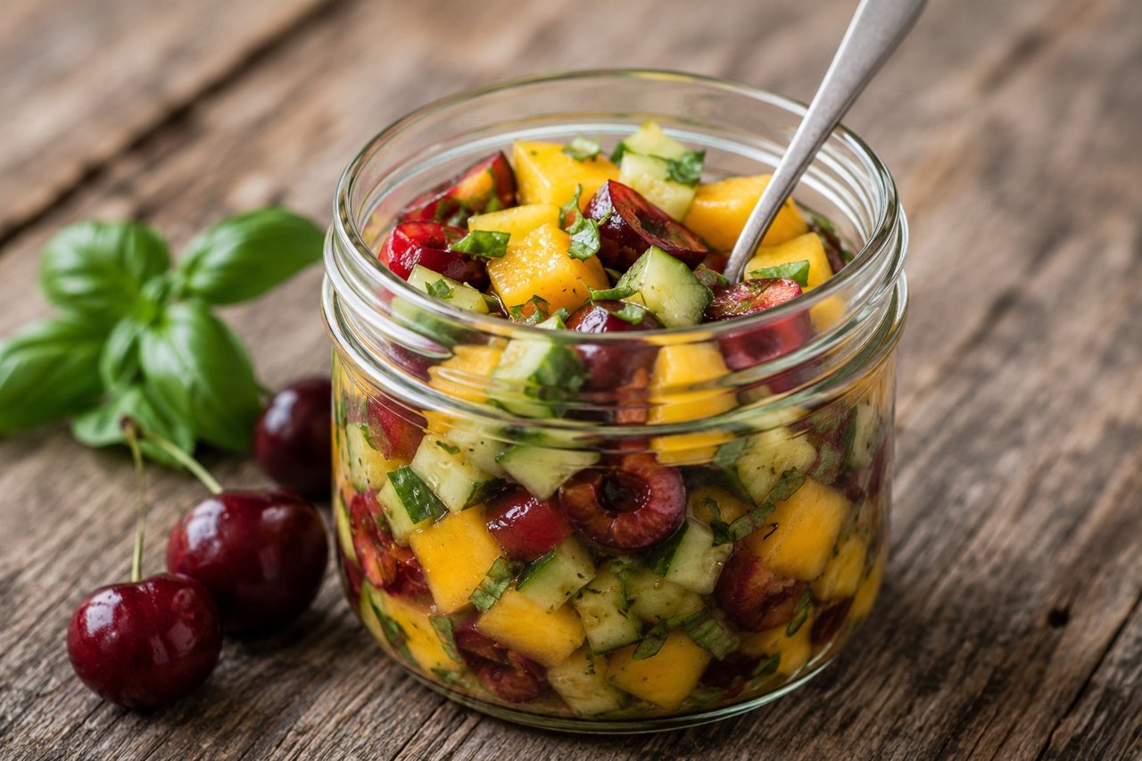 Cherry mango cucumber salsa with basil
