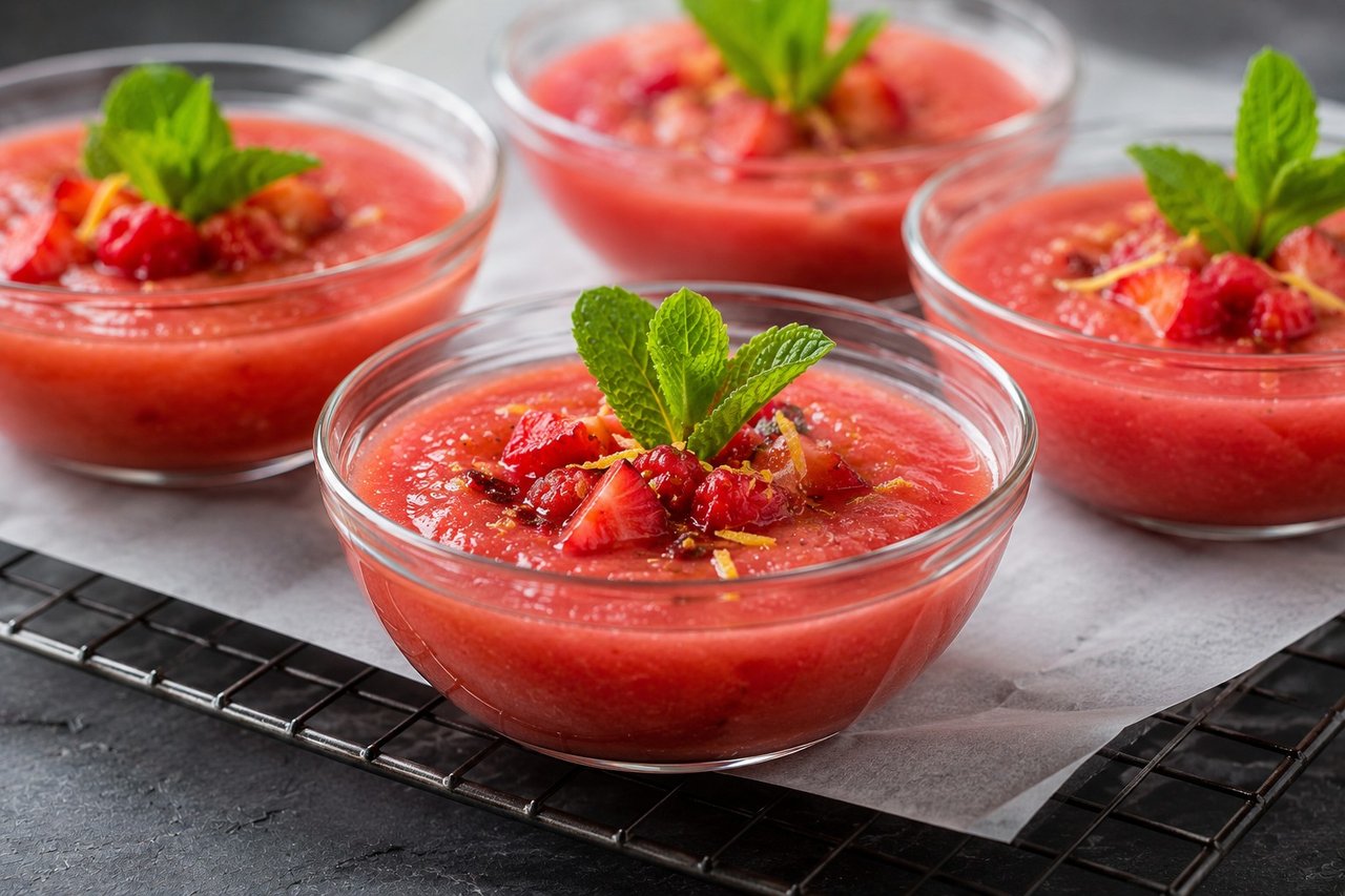 Chilled summer fruit gazpacho with raspberry sauce