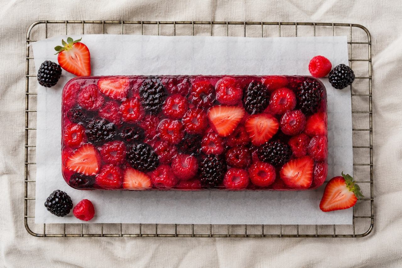 No-bake berry terrine set in hibiscus gelatin