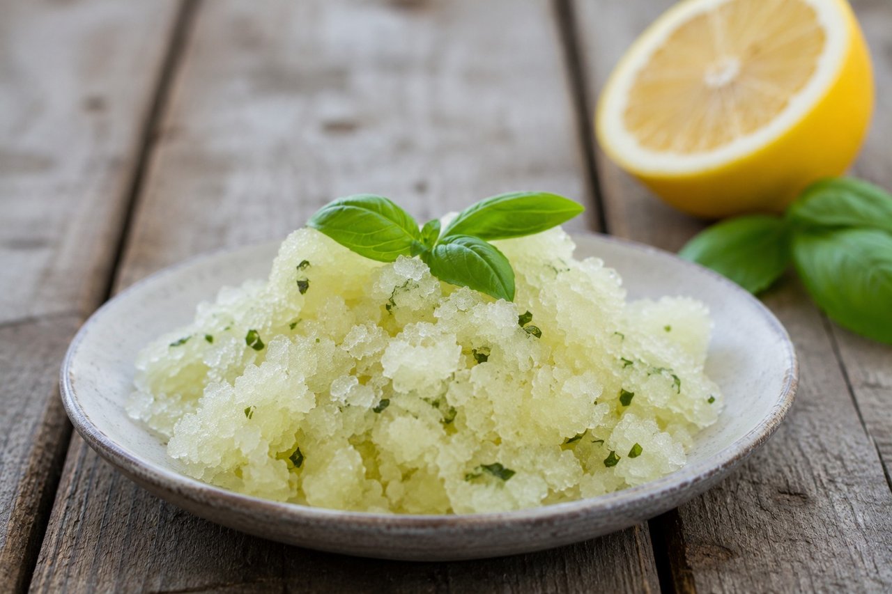 Lemon basil granita, a bright frozen treat