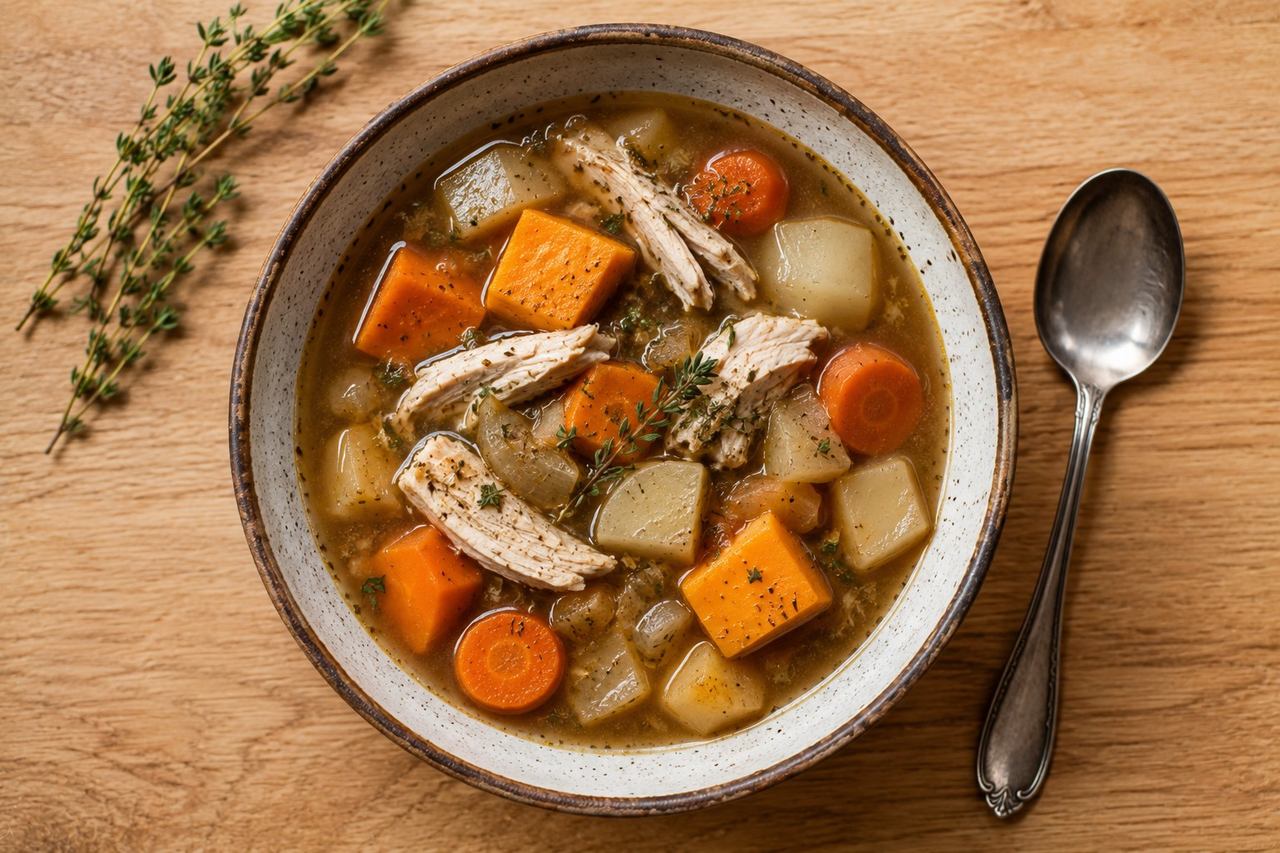 Balsamic Tuscan chicken and root vegetable soup