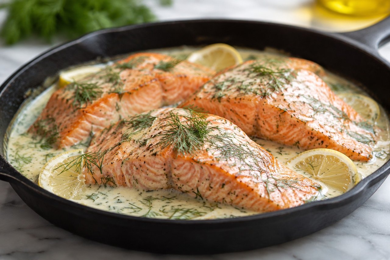 Baked salmon with a coconut-cream lemon and dill sauce