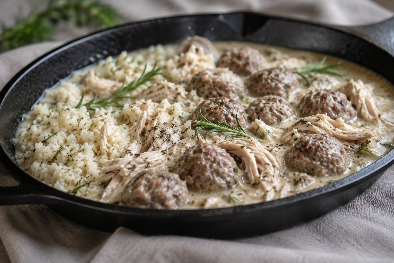 Chicken and meatball blanquette in a coconut white sauce
