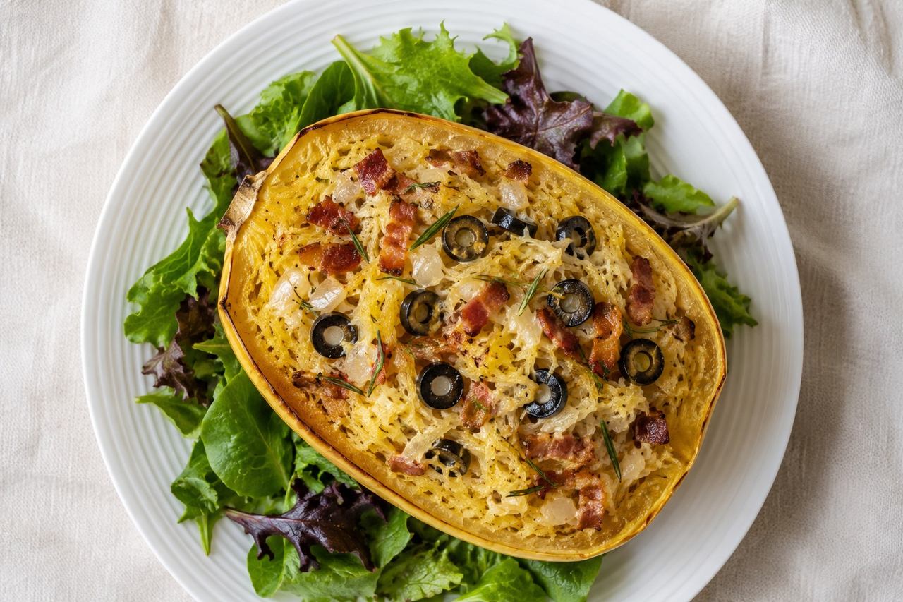 Baked stuffed spaghetti squash with bacon and olives