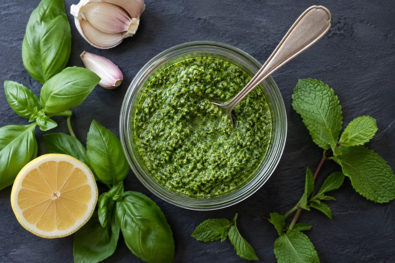 Basil and mint pesto, no nuts and no cheese