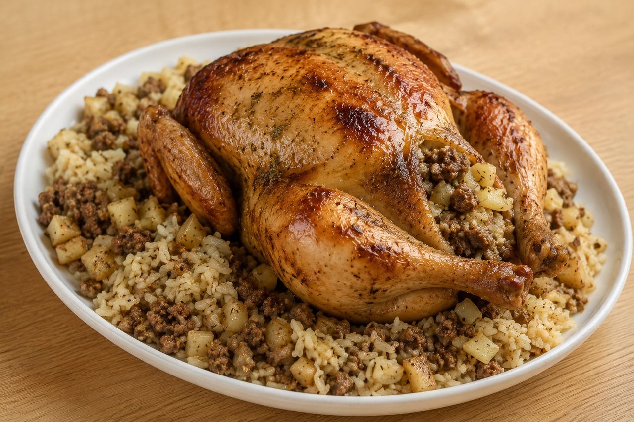 Lebanese Roast Chicken with Parsnip-Rice and Beef Stuffing