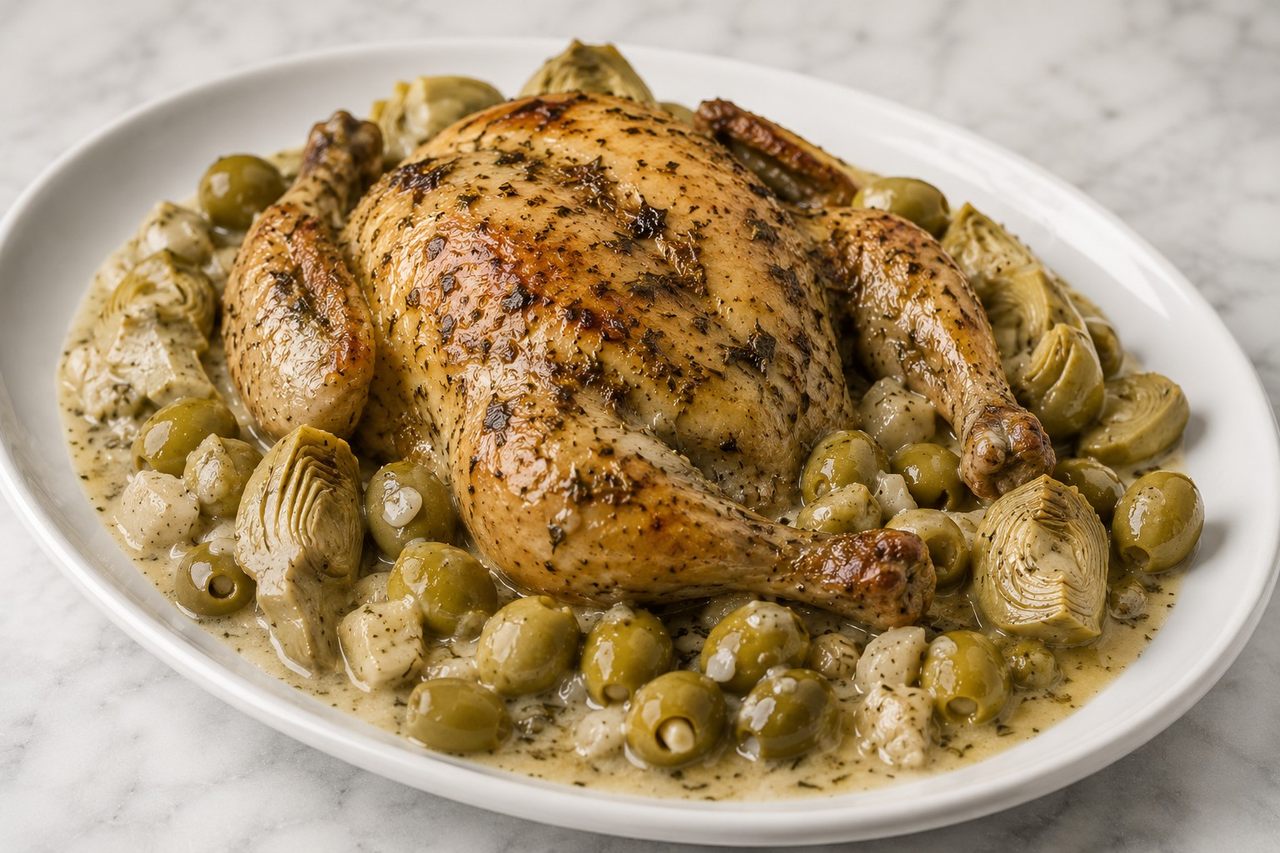 Mediterranean Chicken Bake with Artichokes and Green Olives
