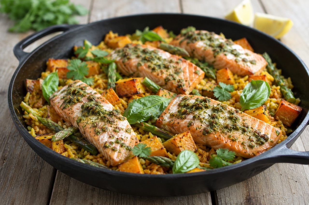 Baked Pesto Salmon with Butternut Rice