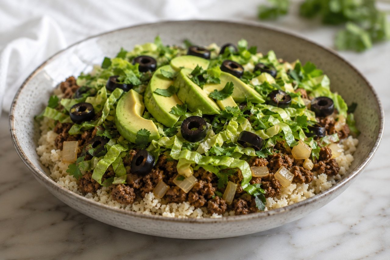 Nightshade-Free Taco Salad over Seasoned Cauliflower Rice