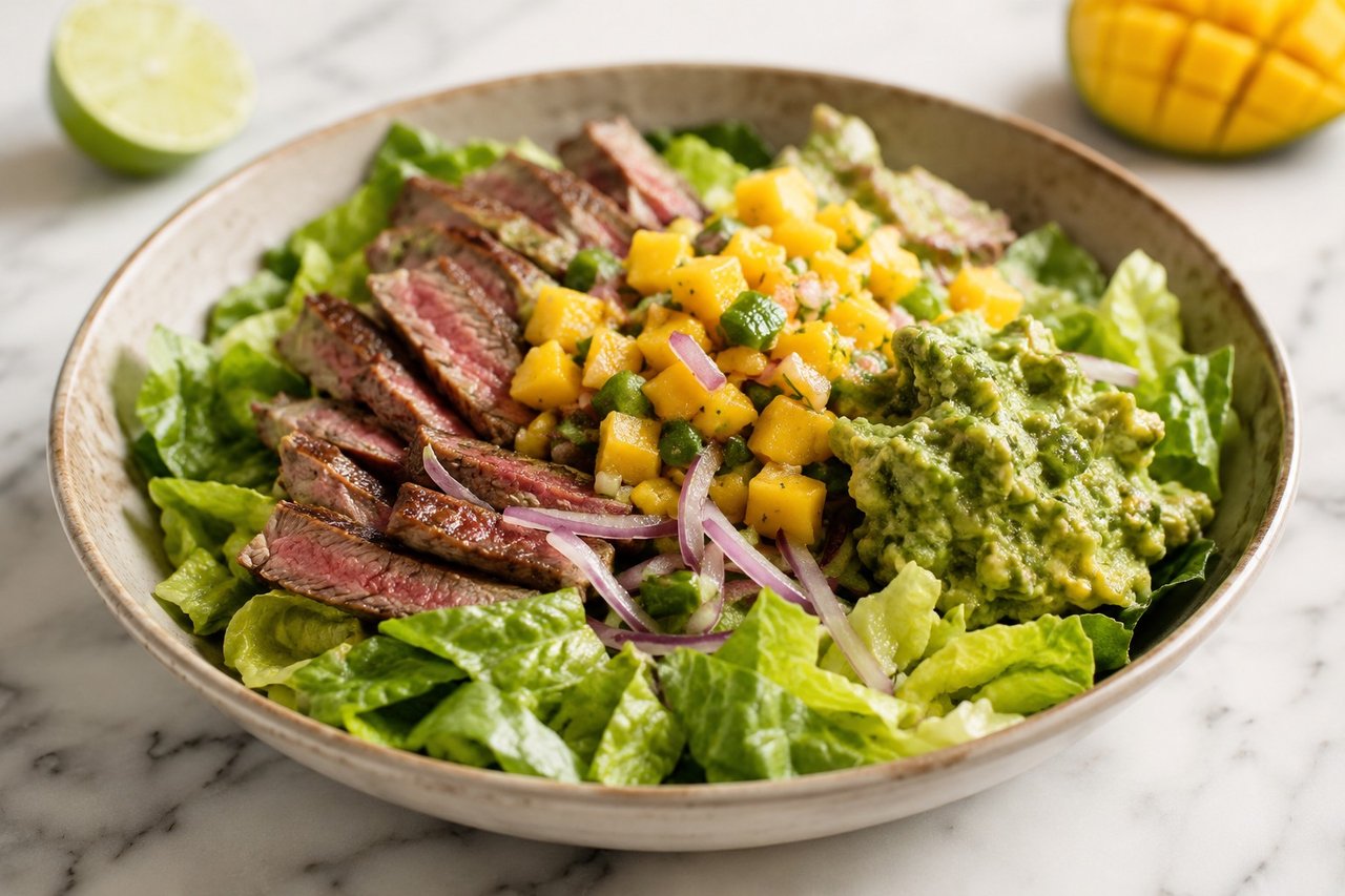 Southwestern beef salad with mango salsa and guacamole