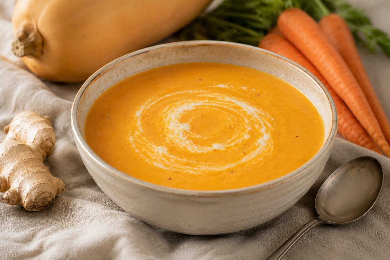 Creamy butternut squash, carrot and ginger soup