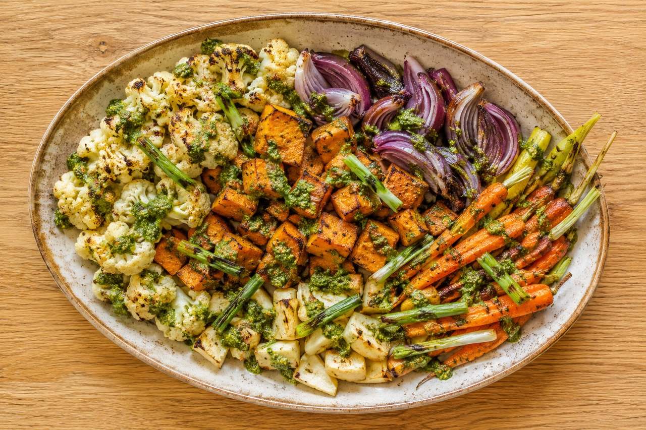 Rainbow roasted vegetables with basil-mint pesto