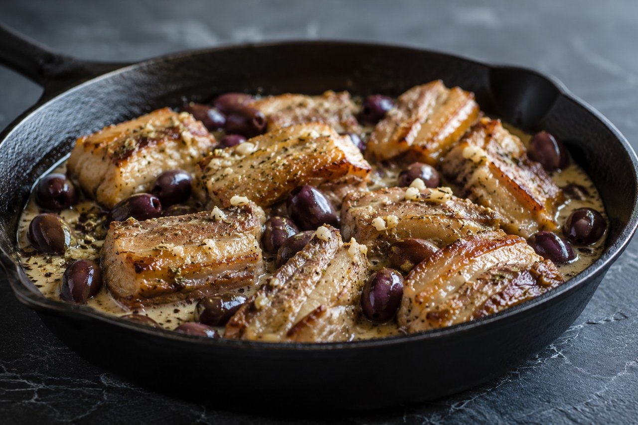 Slow-cooked pork belly with black olives and garlic