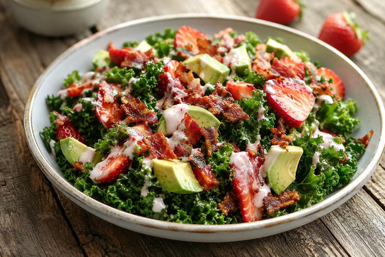 Strawberry Kale Salad with Bacon Dressing