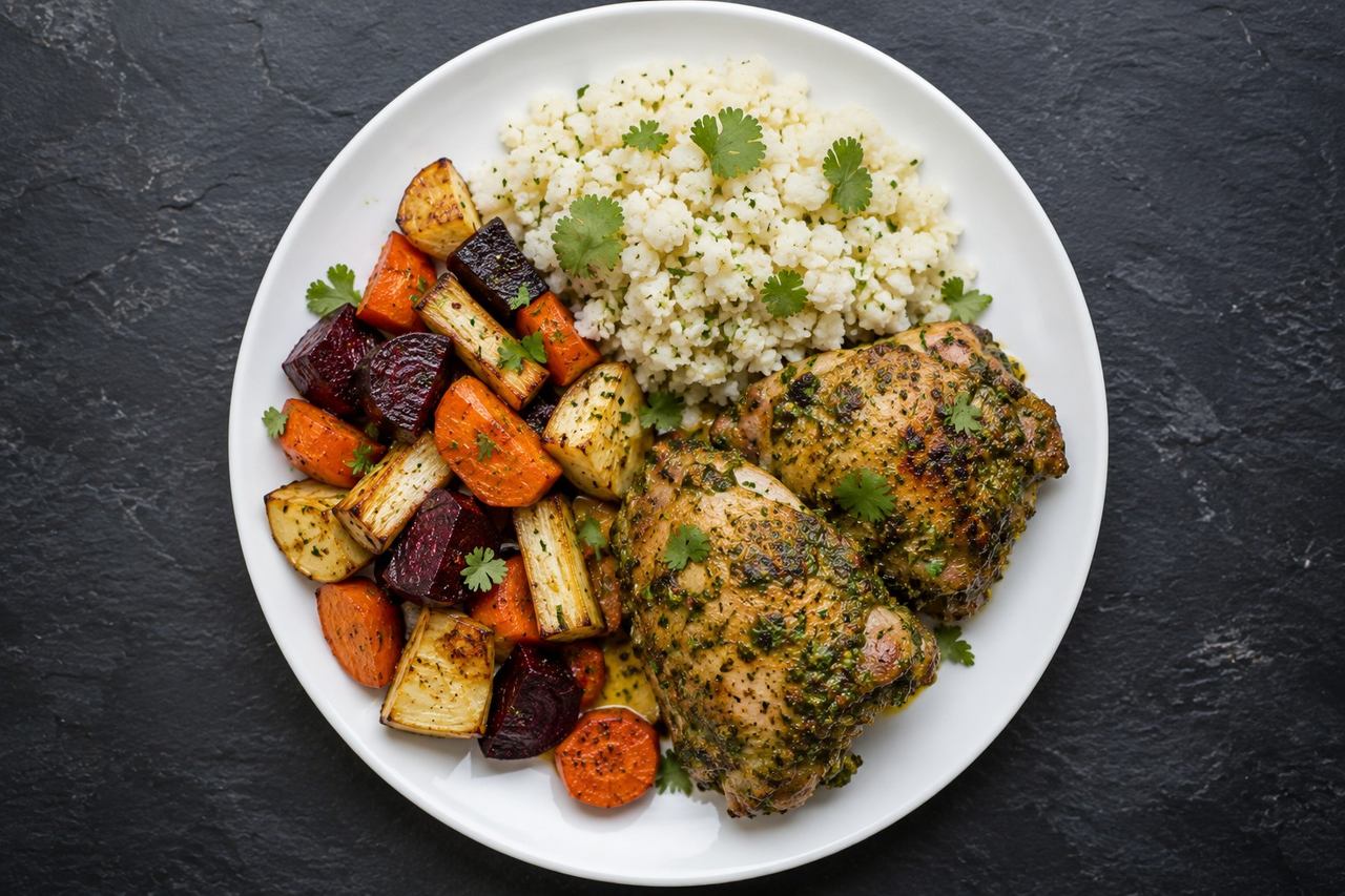 Cuban-style mojo chicken with roasted roots and cauliflower rice