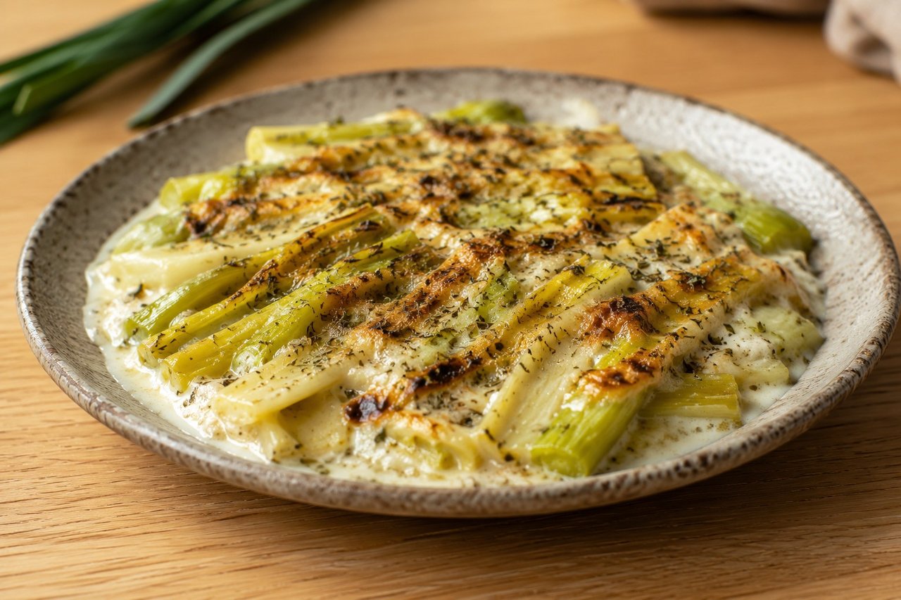 Rustic leek gratin with coconut milk