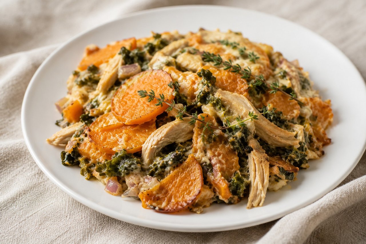 Sweet potato and chicken gratin casserole