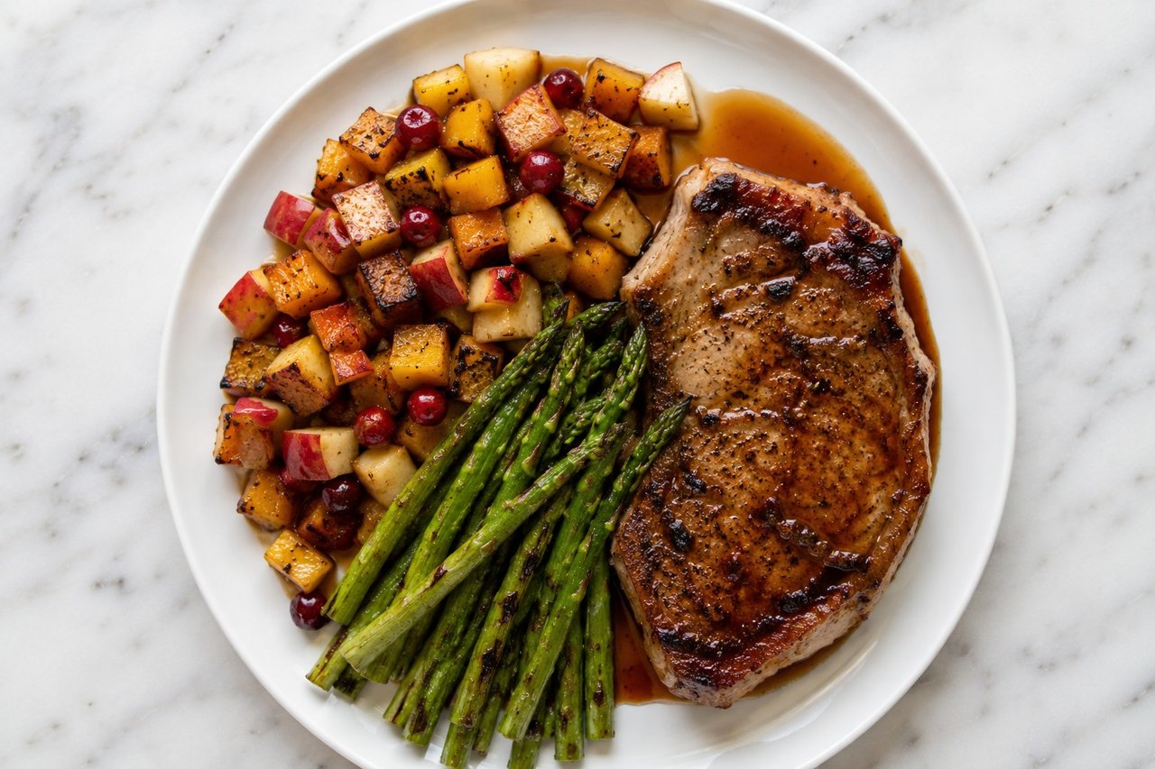 Pork Loin Chops with Maple-Balsamic Sauce and Delicata Hash