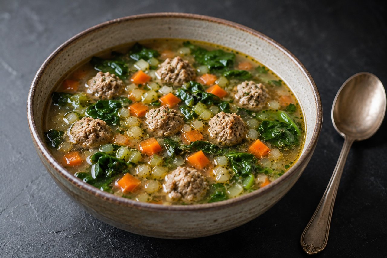 Italian wedding soup: small meatballs, clear broth, a gentle bowl to come home to