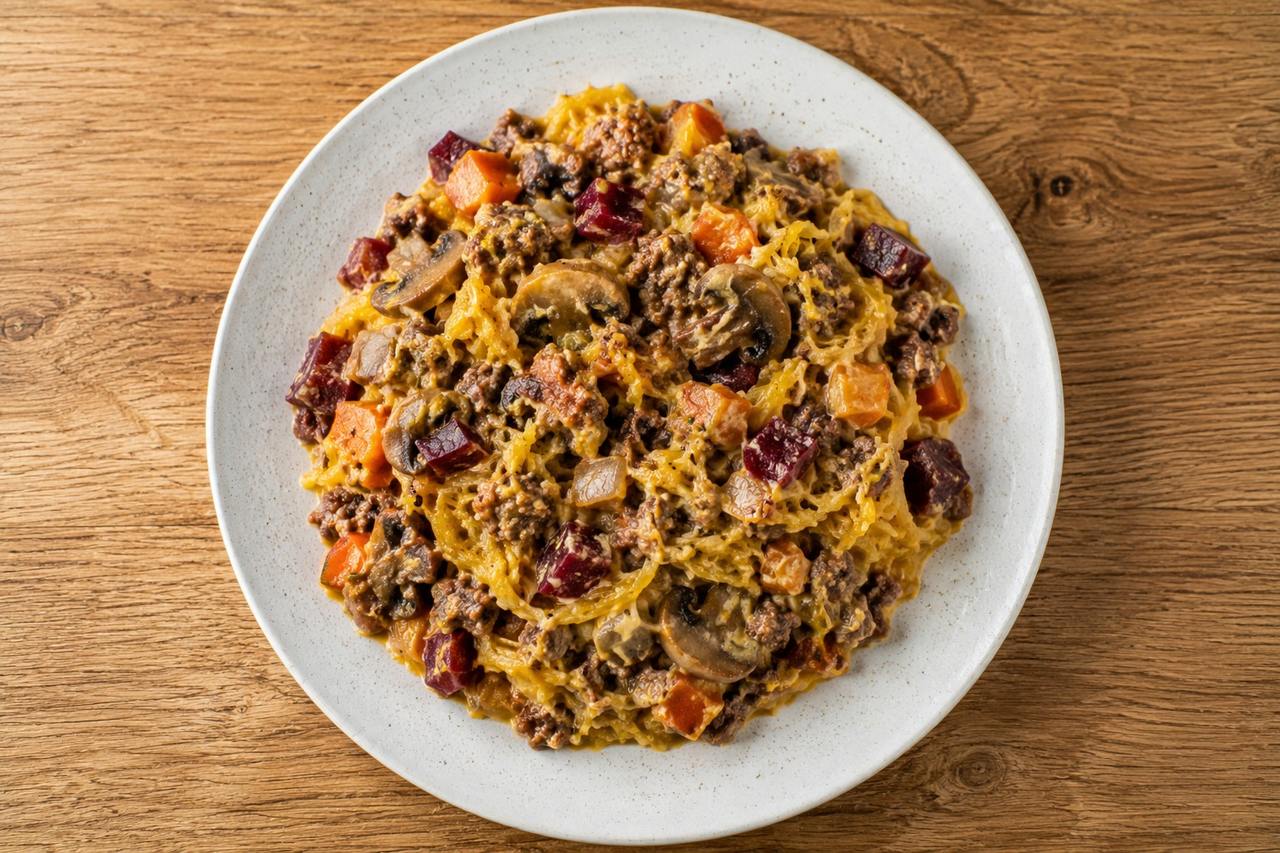Spaghetti squash casserole: the comfort of a baked pasta dish, with no nightshades and no grains
