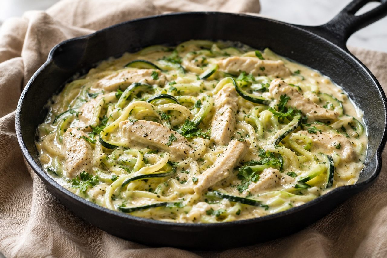 Dairy-free chicken alfredo over zucchini noodles