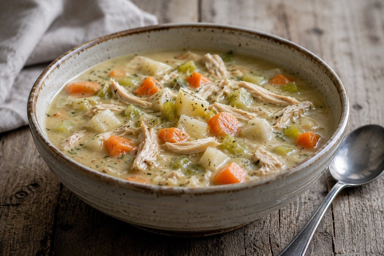 Chicken pot pie soup thickened with celery root