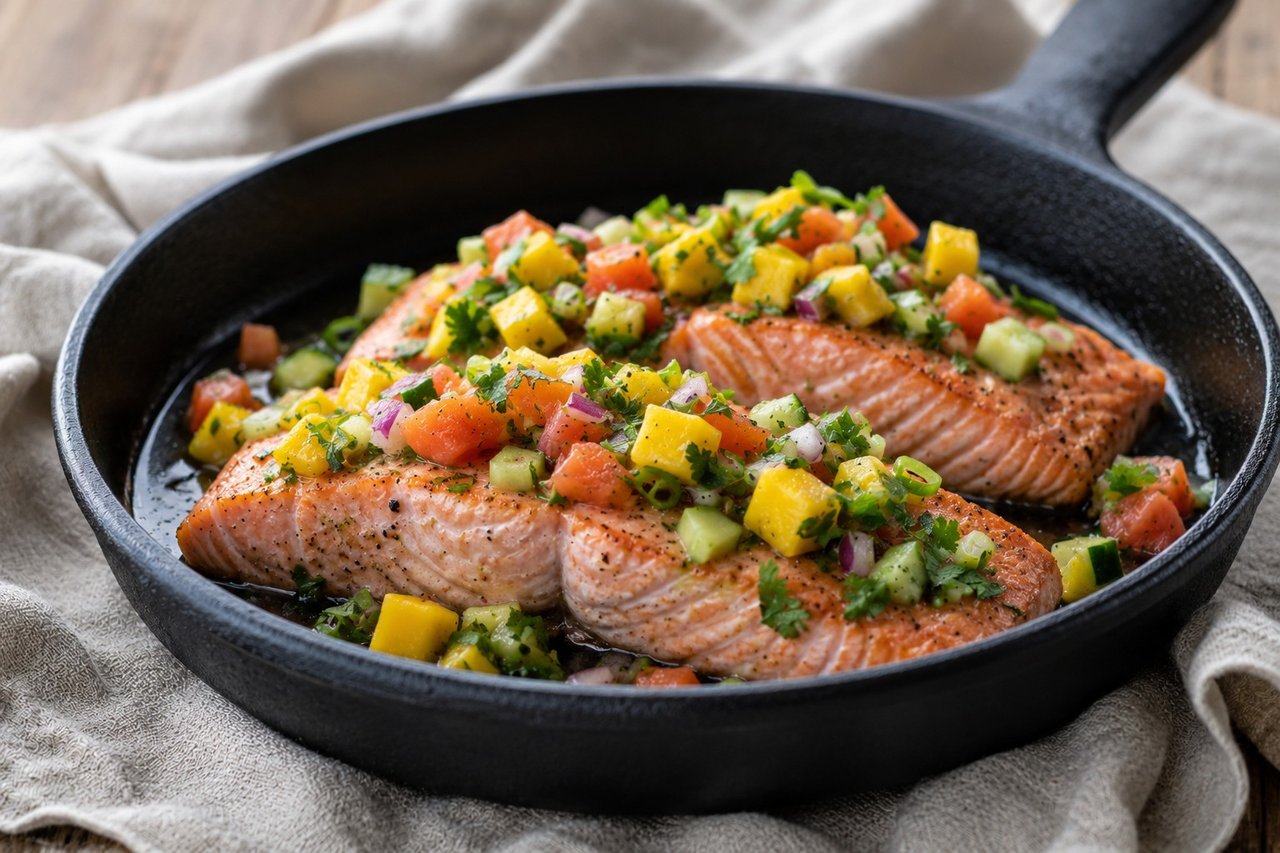 Oven-baked salmon with papaya-mango salsa