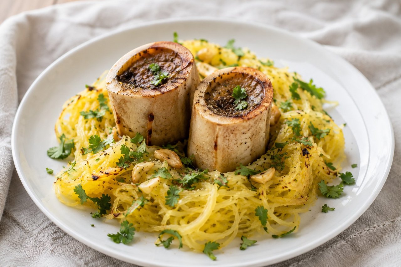 Roasted bone marrow over spaghetti squash