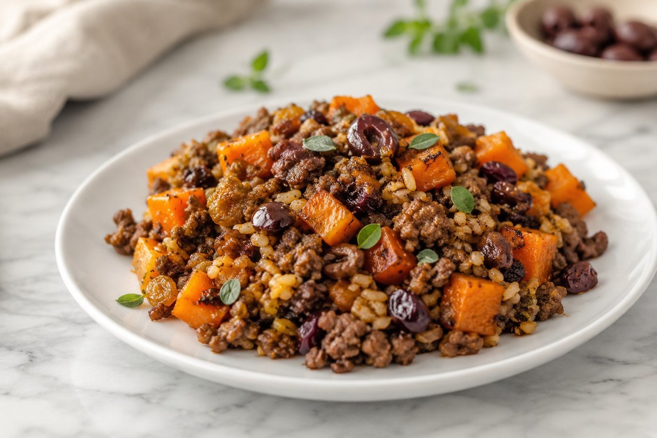 One-skillet lamb and butternut rice with olive tapenade