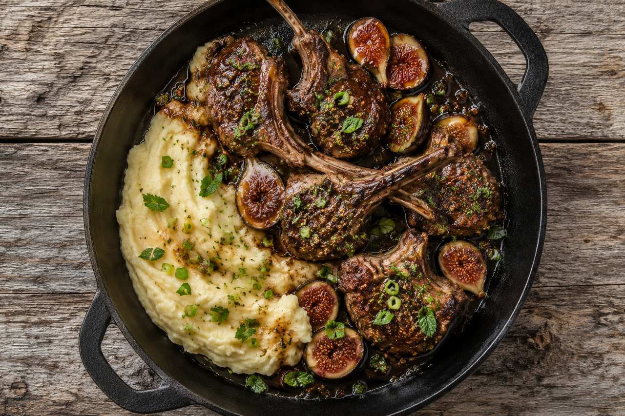 Lamb chops with roasted figs, balsamic-mint sauce, and sweet potato mash