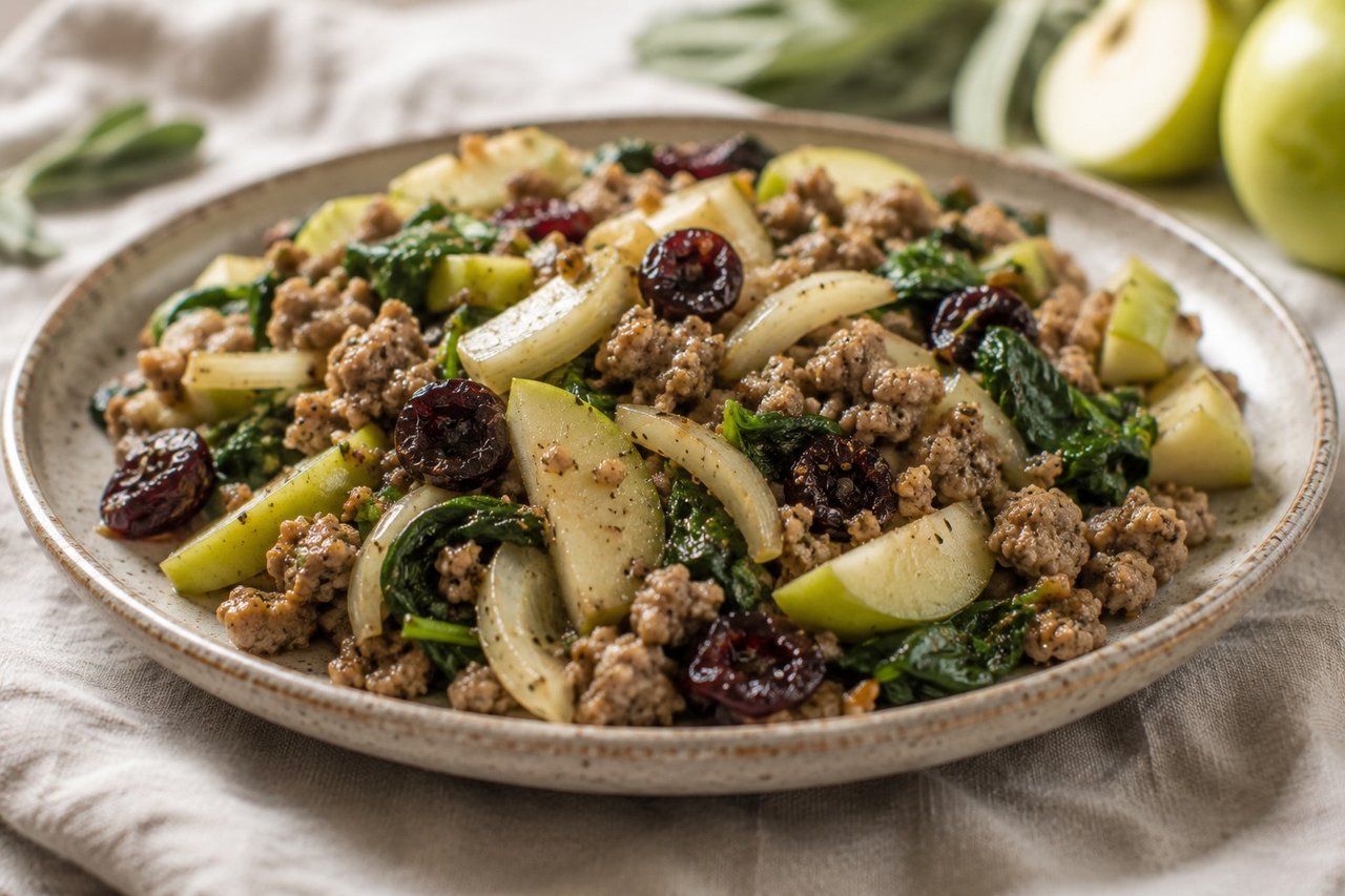 Apple and sausage stir-fry: a real breakfast that asks almost nothing of you