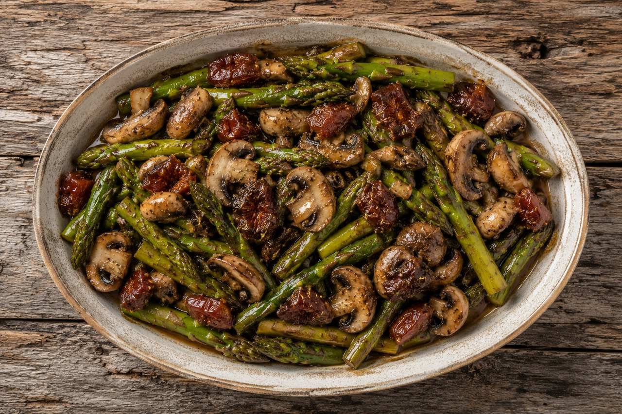 Sweet and sour asparagus and mushrooms: a bright, date-sweetened side