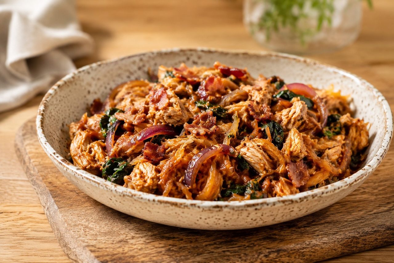 AIP Core BBQ chicken casserole with spaghetti squash, bacon, and nightshade-free barbecue sauce