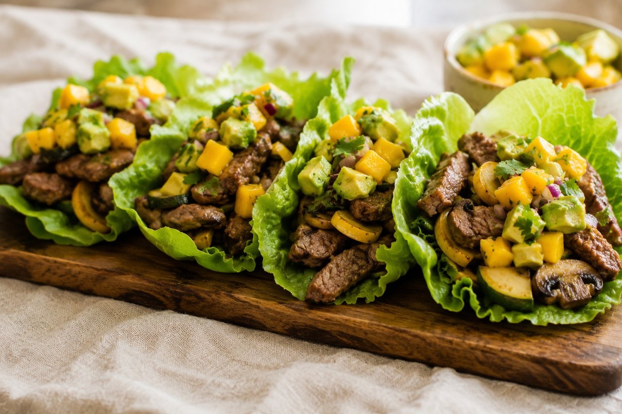 nightshade-free beef fajita lettuce wraps with mango-avocado salsa