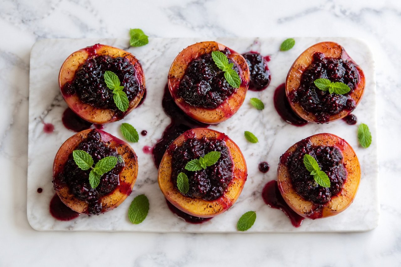 AIP baked peaches layered with blackberry sauce, a no-sweetener fruit dessert