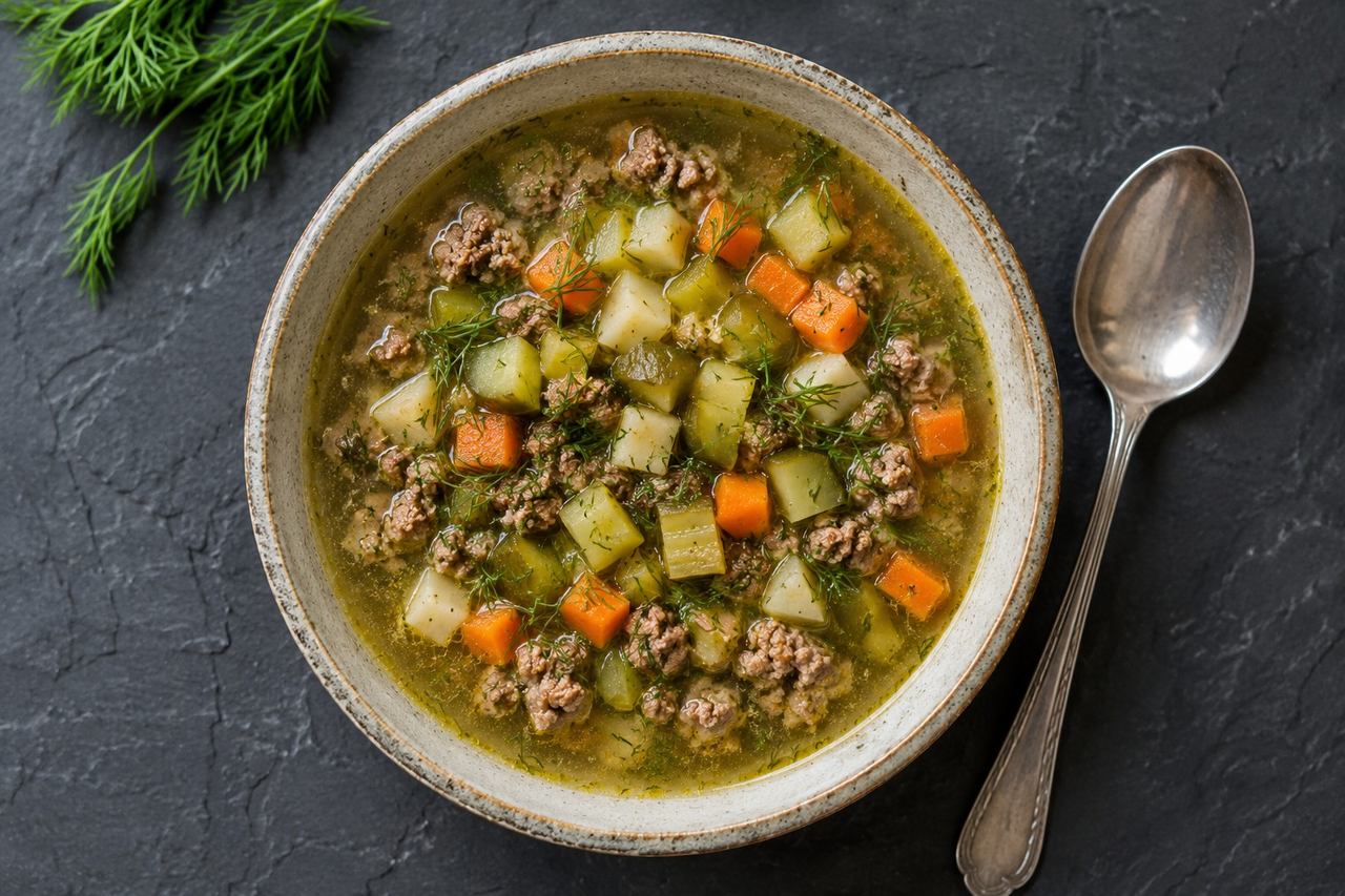 AIP dill pickle ground beef soup with parsnips, carrots, and fresh dill