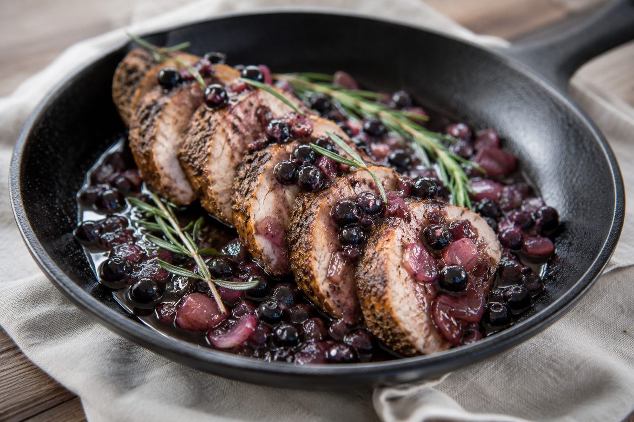 AIP herb-rubbed pork tenderloin with warm blueberry-balsamic-shallot sauce