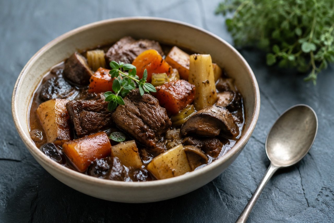 beef and parsnip stew with marjoram - slow-braised, one-pot
