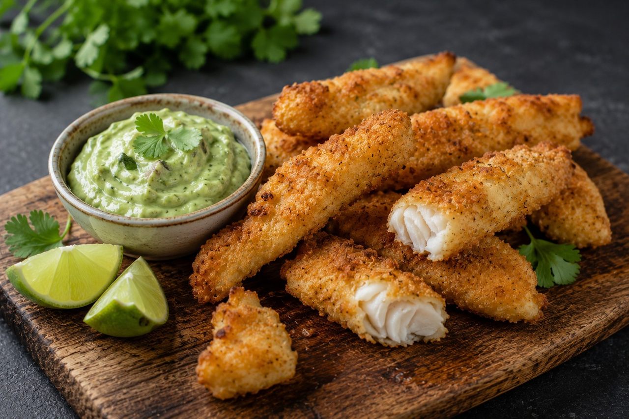 AIP fish tenders in cassava-arrowroot coating with creamy avocado-cilantro dip