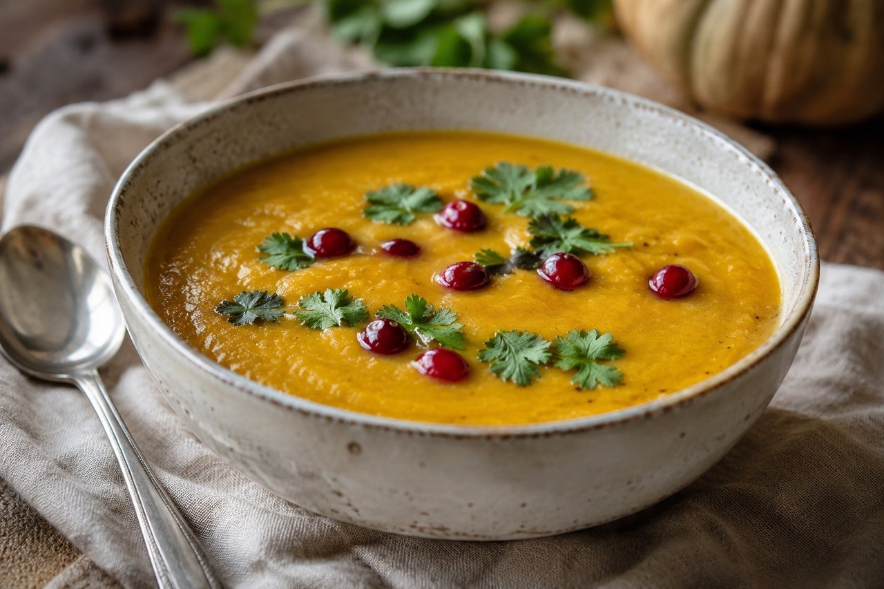 AIP Instant Pot pumpkin coconut soup with turmeric, ginger, curry leaves, and cranberries - seed-spice-free, vegan