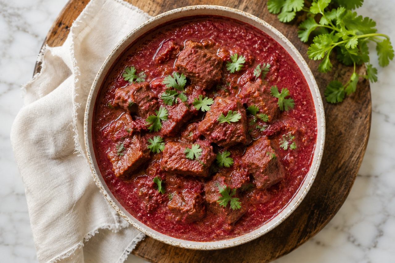 AIP Indian-style goat curry with beet-carrot sauce, cinnamon, cloves, and turmeric - coconut-free, nightshade-free