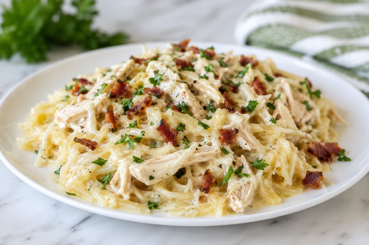 Dairy-free chicken alfredo with cauliflower cream sauce over spaghetti squash