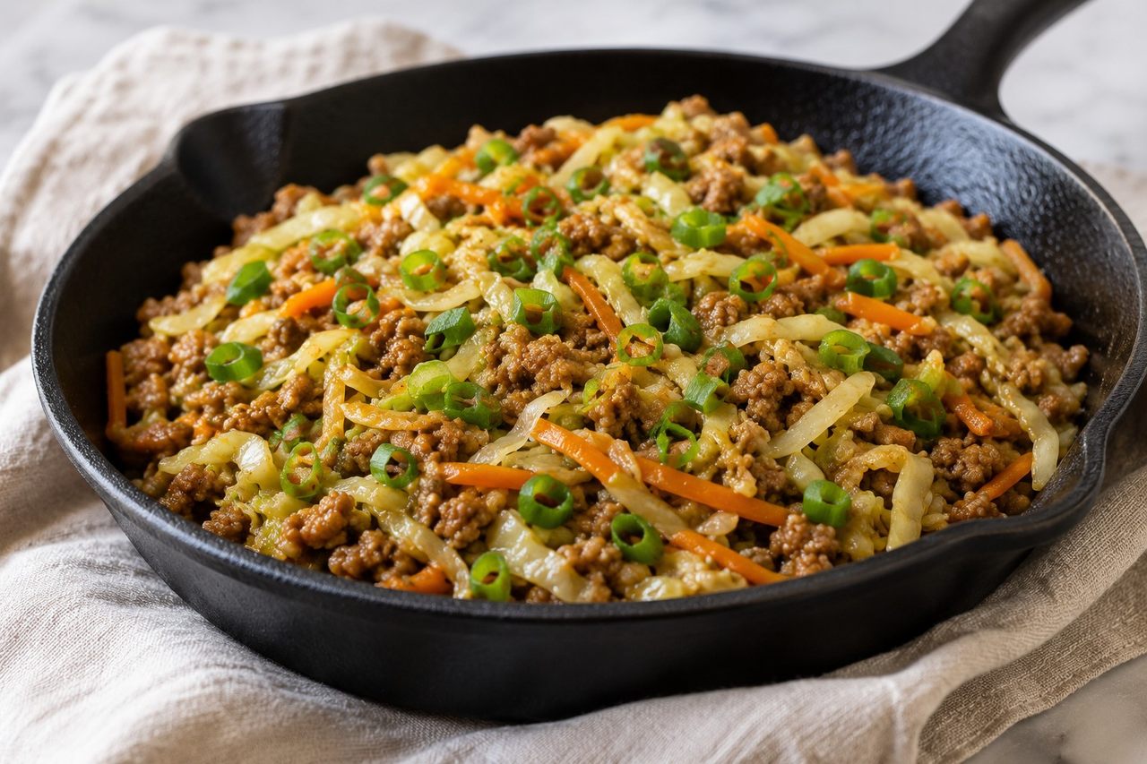 Deconstructed egg roll - pork, cabbage, and carrot stir-fry in coconut aminos