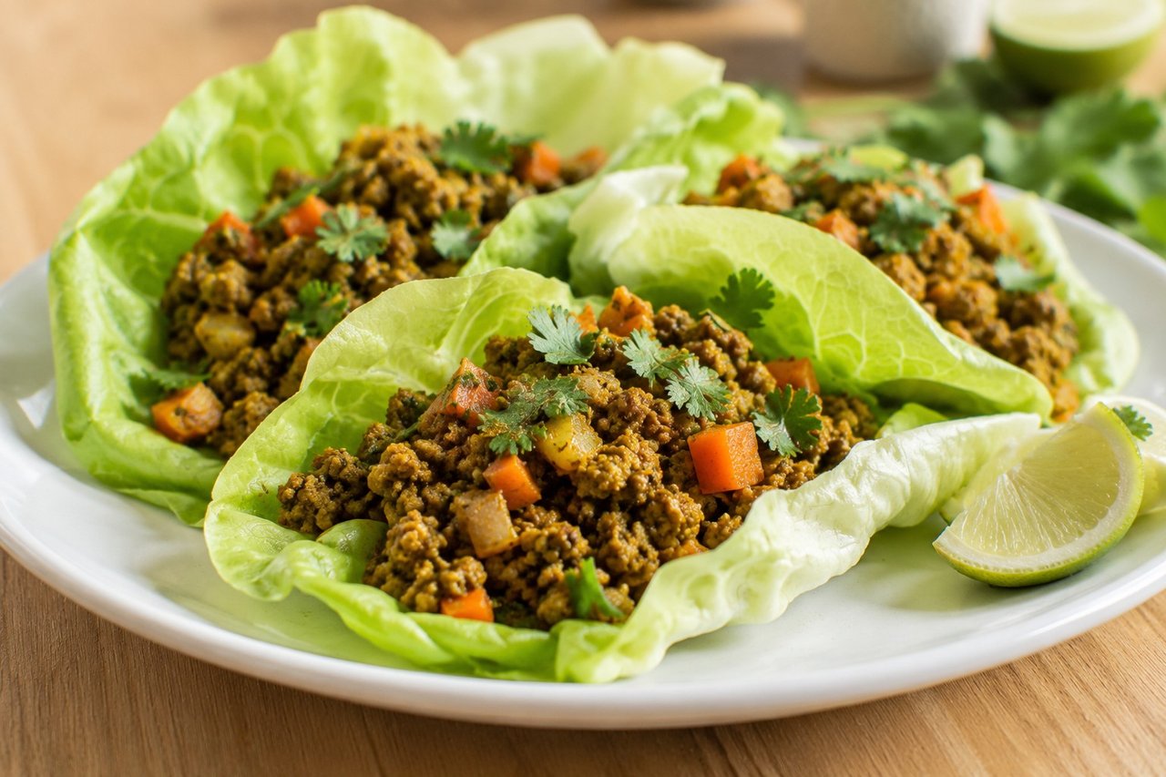 AIP Indian spiced ground lamb with turmeric, cinnamon, and carrot served in lettuce wraps