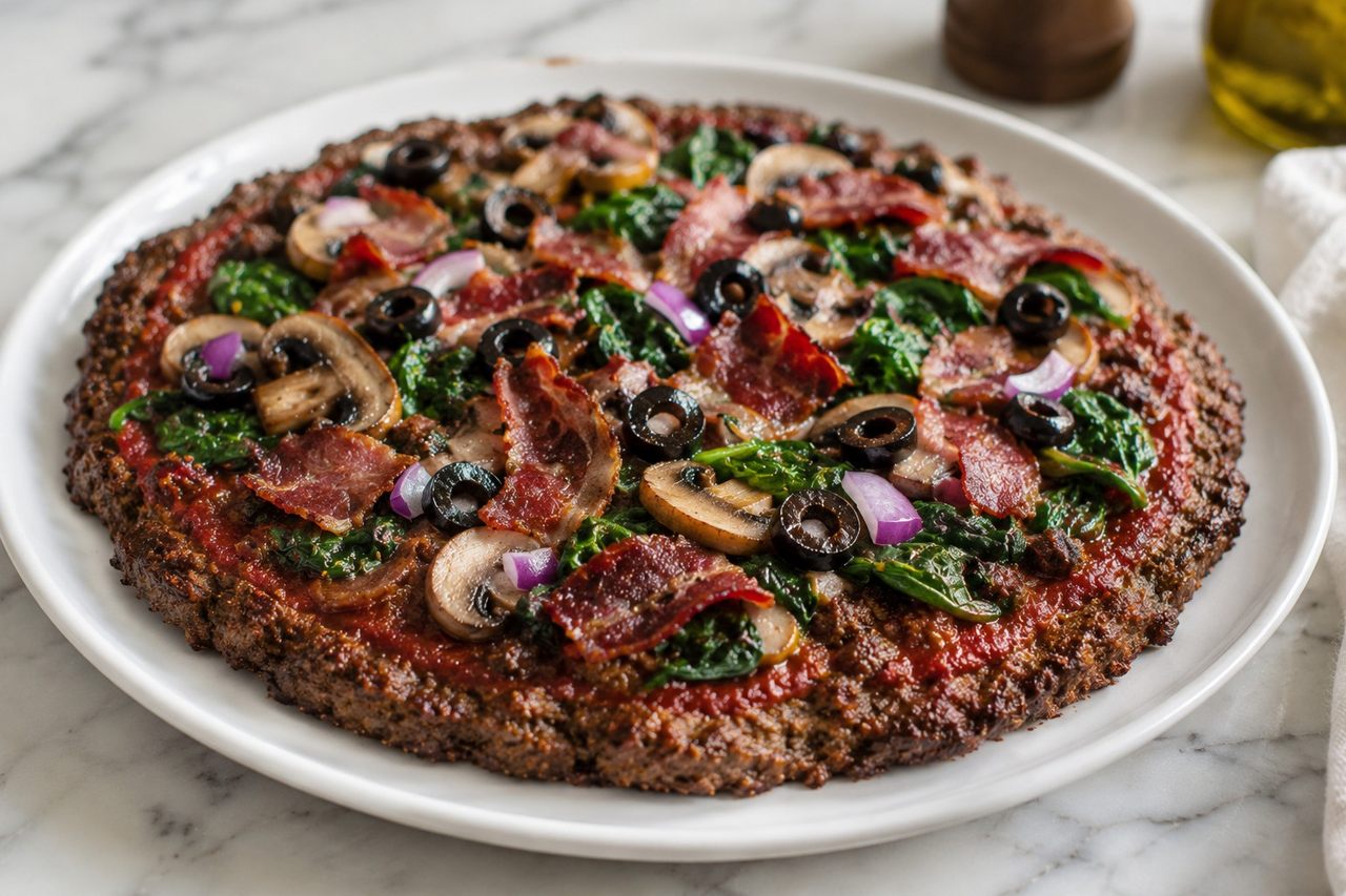 AIP pizza with baked seasoned-meat crust, nomato sauce, and vegetable toppings