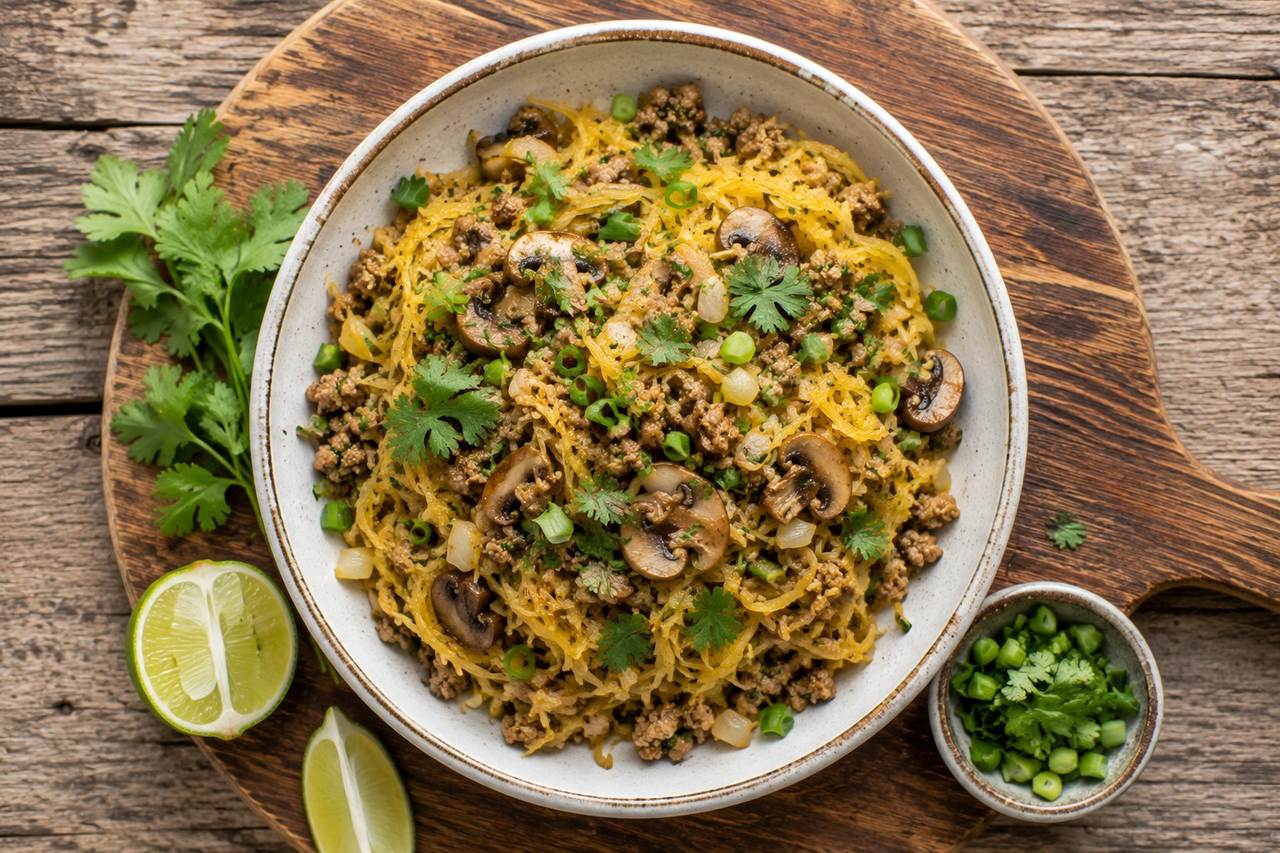 AIP spaghetti squash stir-fry bowl with mushrooms, ginger, coconut aminos, and pork