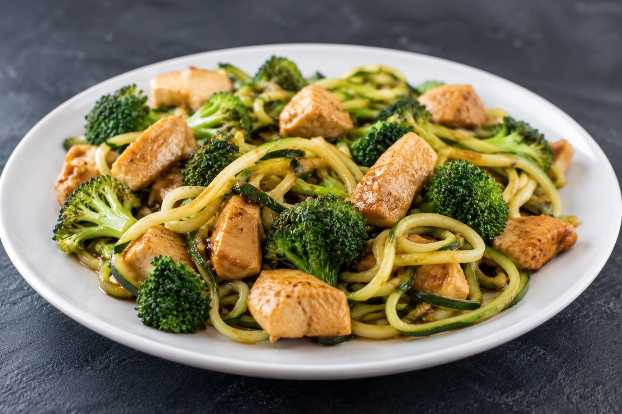 5-ingredient chicken stir-fry with zoodles and broccoli