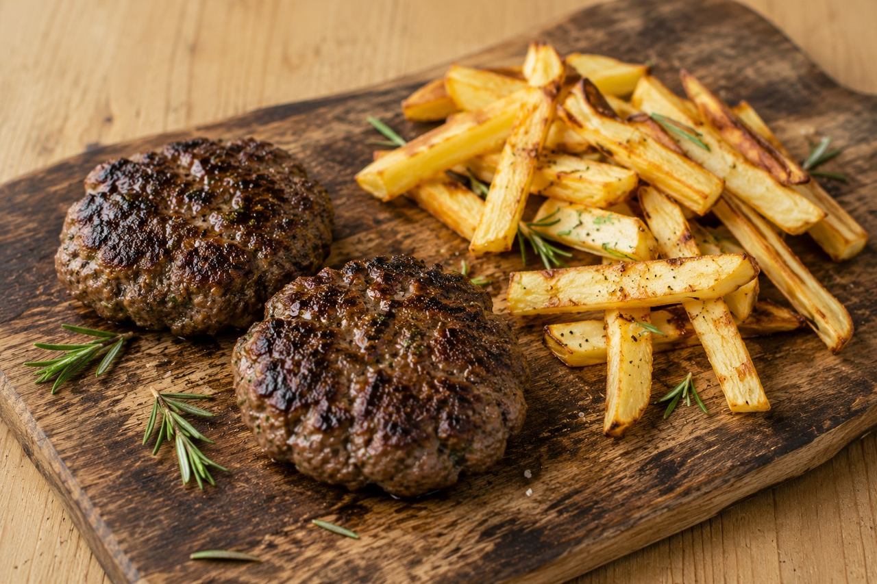 AIP beef burgers and cassava fries sheet pan dinner