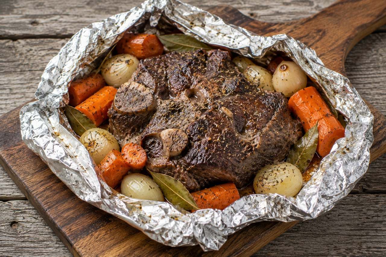 7-bone beef chuck roast with root vegetables - slow-roasted foil packet
